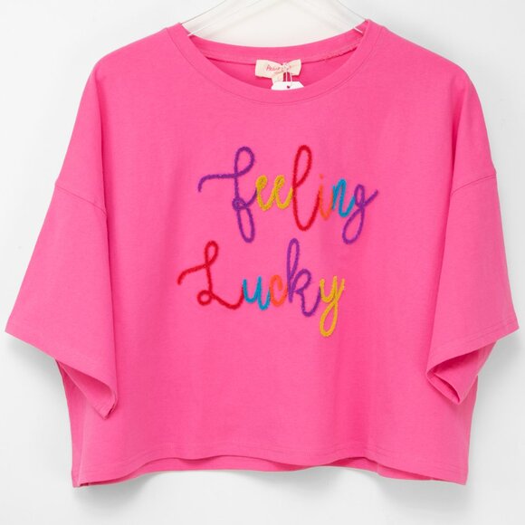 Peach Love "Feeling Lucky" Embroidered Patch Tee Cropped Rainbow Pink Small New - Picture 2 of 7